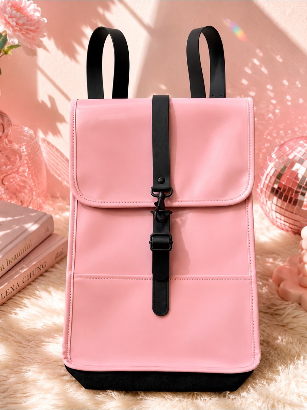 RAINS Backpack Blush Pink Black Waterproof Rolltop Laptop Backpack Travel Bag
